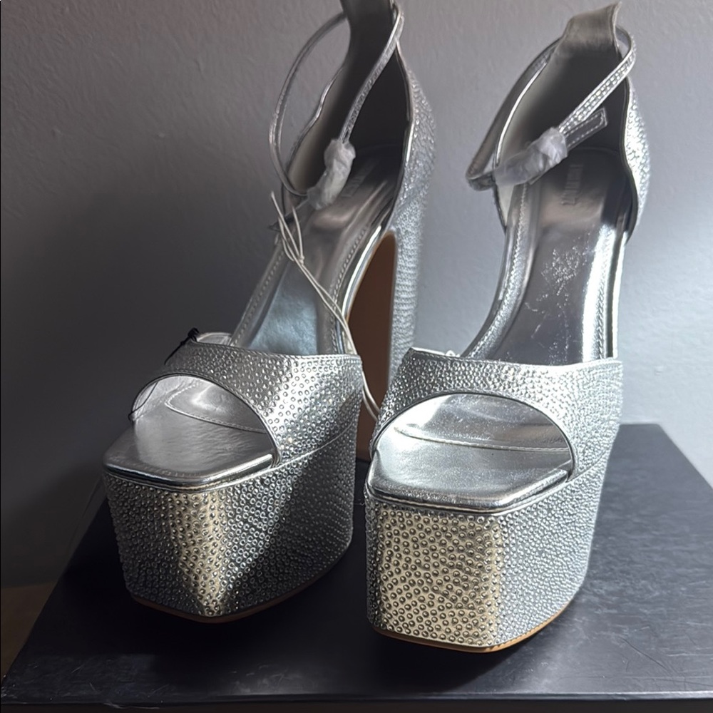 Forever 21 Silver Platform Ankle-Strap Heels